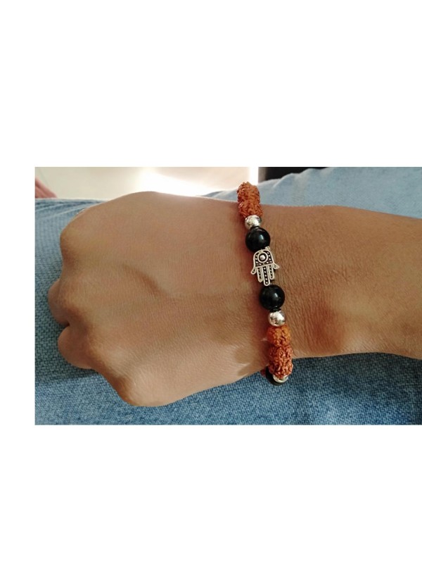 Stylish  Hamsa Hand Black Quartz Rudraksha Bracelet